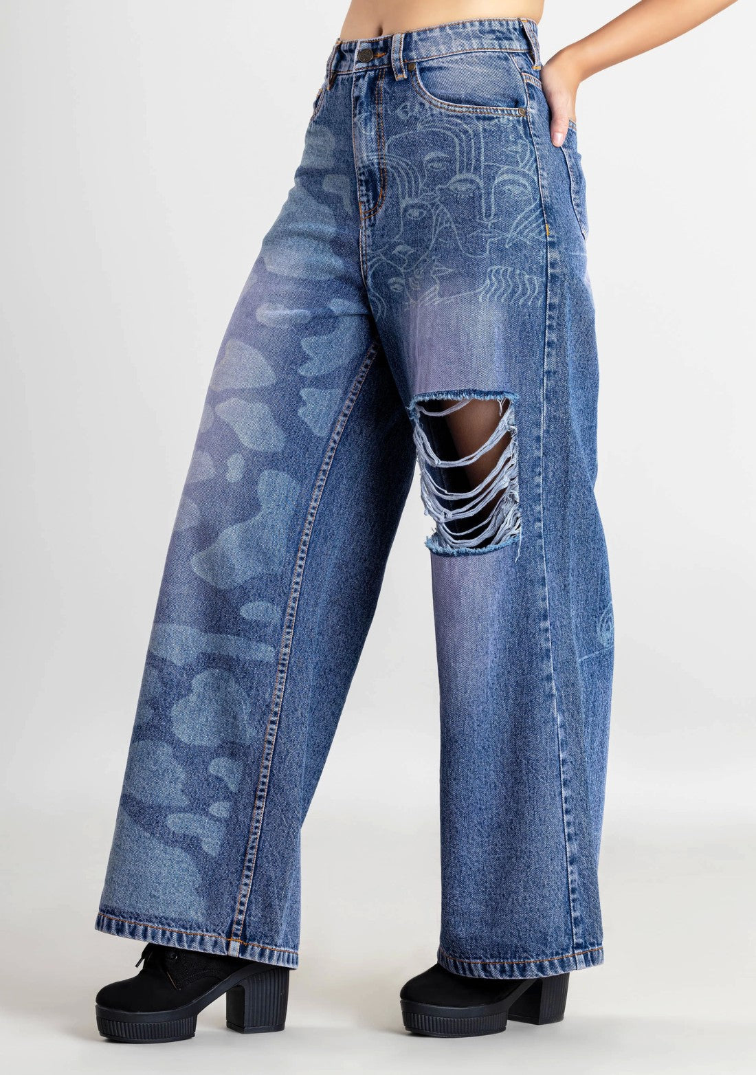 Blue Laser Print Wide Leg Women's Distressed Jeans bottom wear