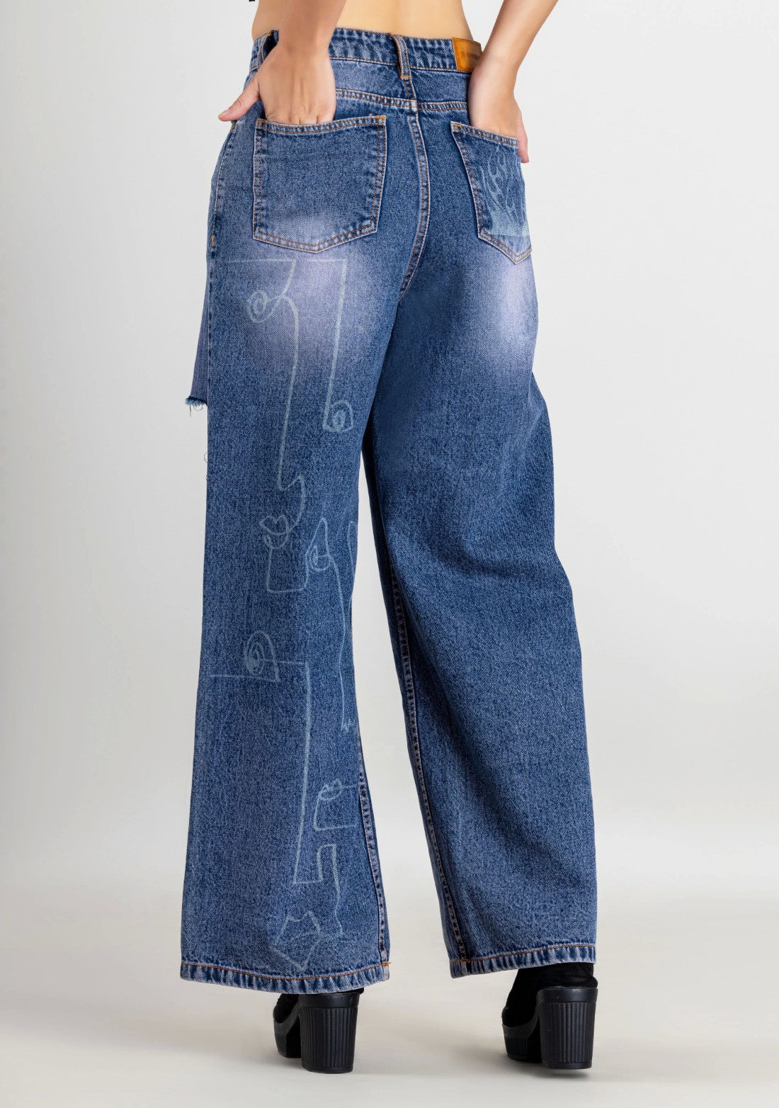 Blue Laser Print Wide Leg Women's Distressed Jeans bottom wear