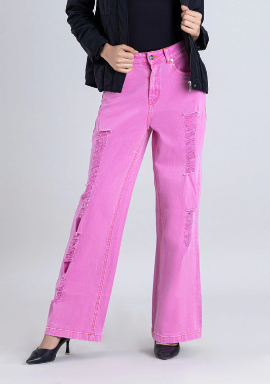 Pink Wide Leg Women's Distressed Jeans bottom ware