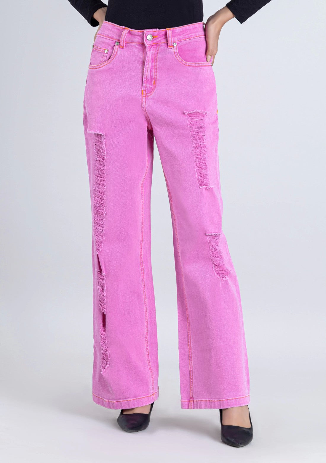 Pink Wide Leg Women's Distressed Jeans bottom ware