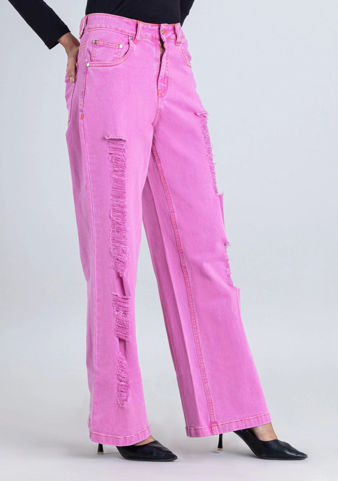 Pink Wide Leg Women's Distressed Jeans bottom ware