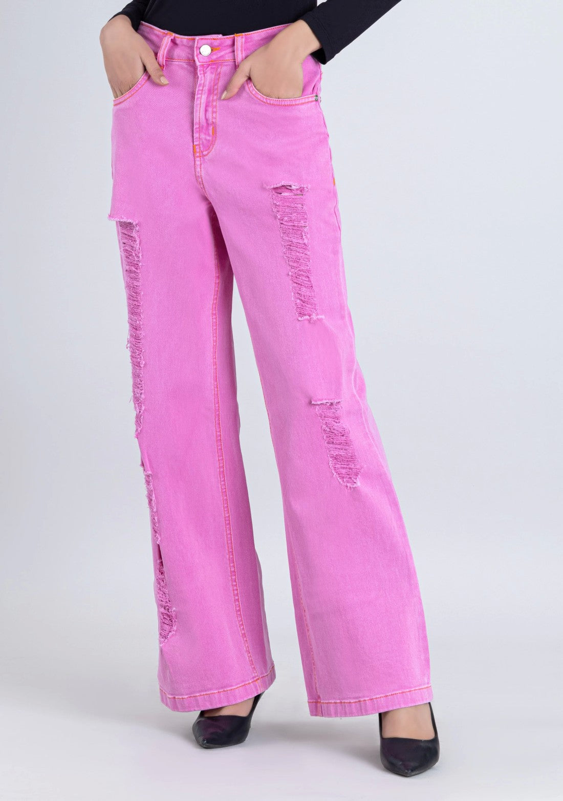 Pink Wide Leg Women's Distressed Jeans bottom ware