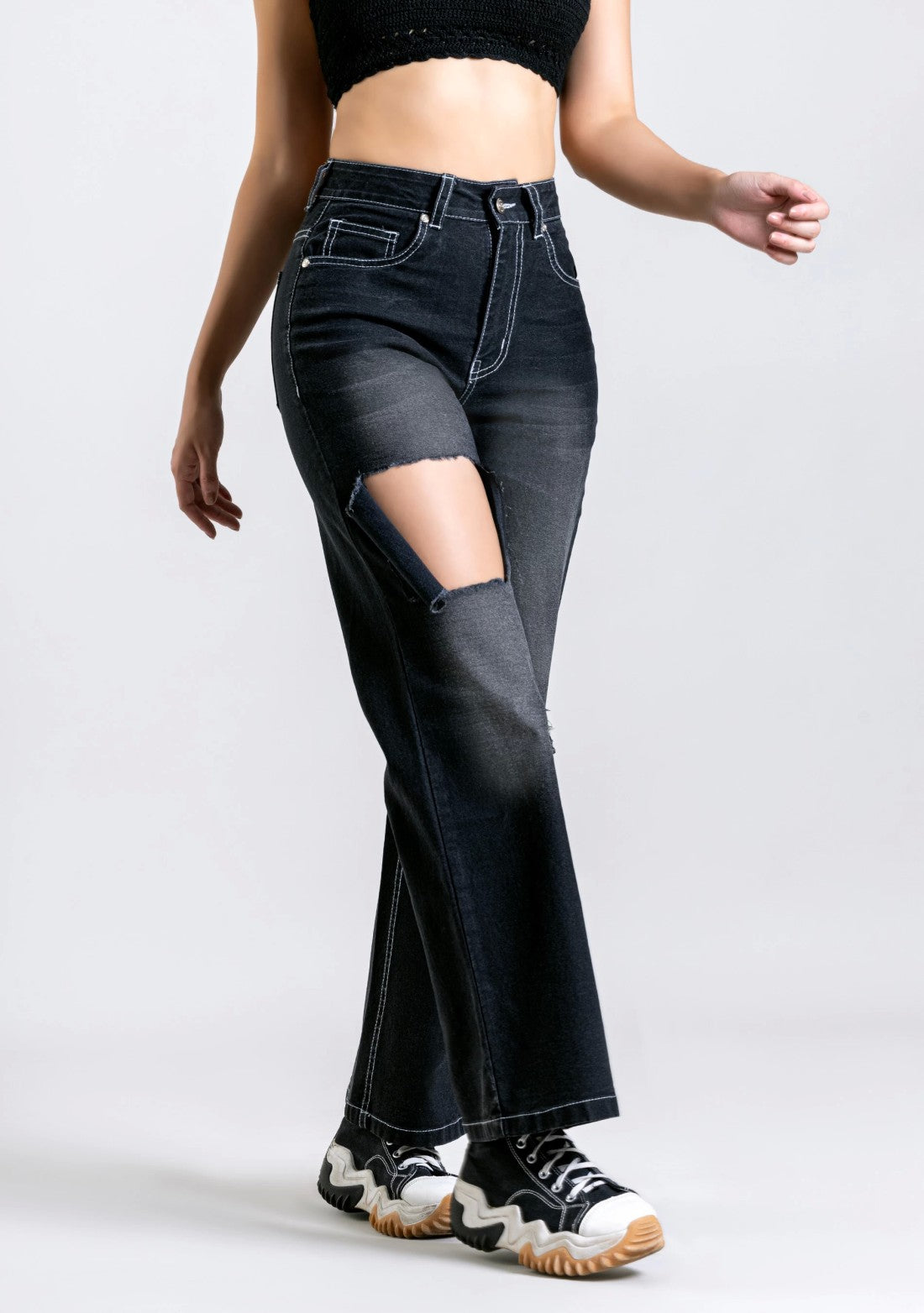 Black Wide Leg High Rise Distressed Women's Jeans bottom wear