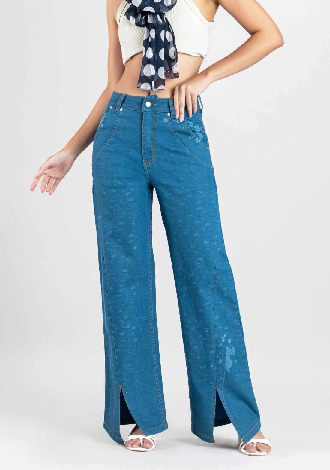 Light Blue Bottom Slit Wide Leg Women's Jeans bottom wear