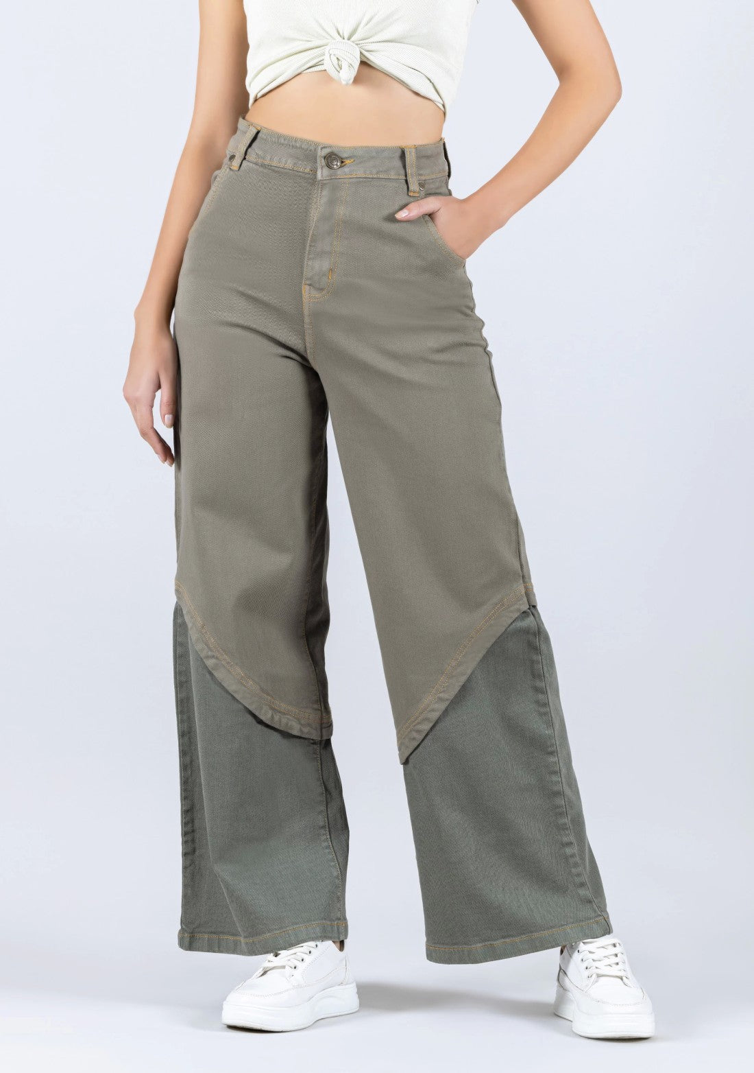 Grey Wide Leg Two Tone Panel Fashion Women's Jeans bottom wear