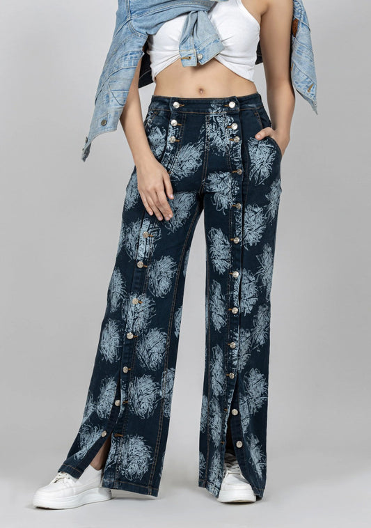 Blue Laser Print Wide Leg Women’s Ultra Fashion Jeans bottom wear