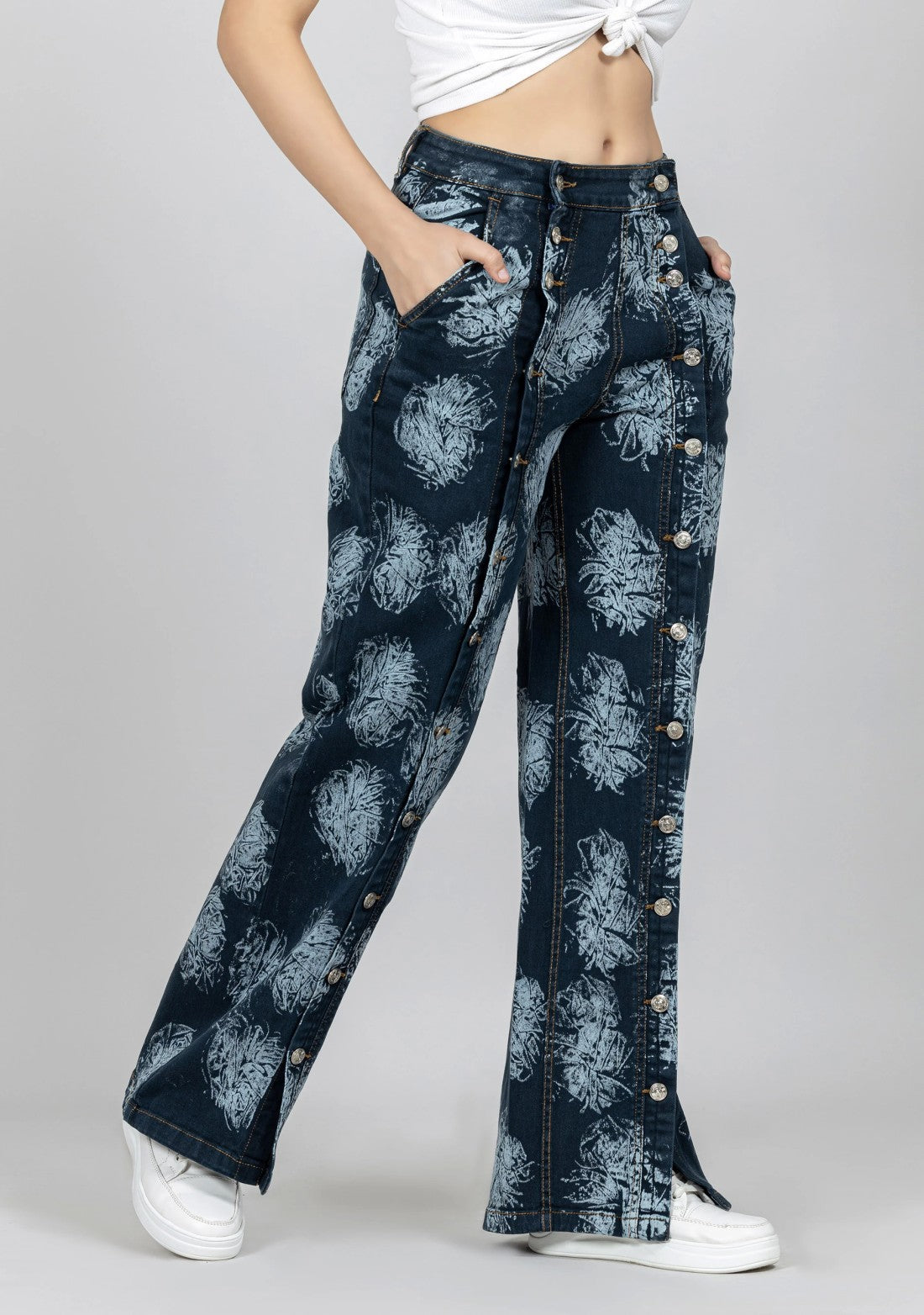 Blue Laser Print Wide Leg Women’s Ultra Fashion Jeans bottom wear