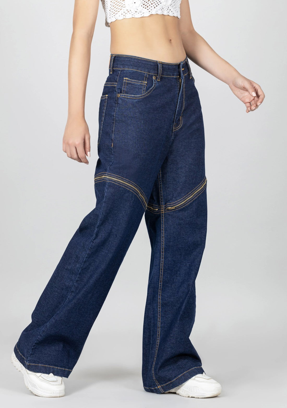 Blue Wide Leg Women's Front Zipper Fashion Jeans bottom wear