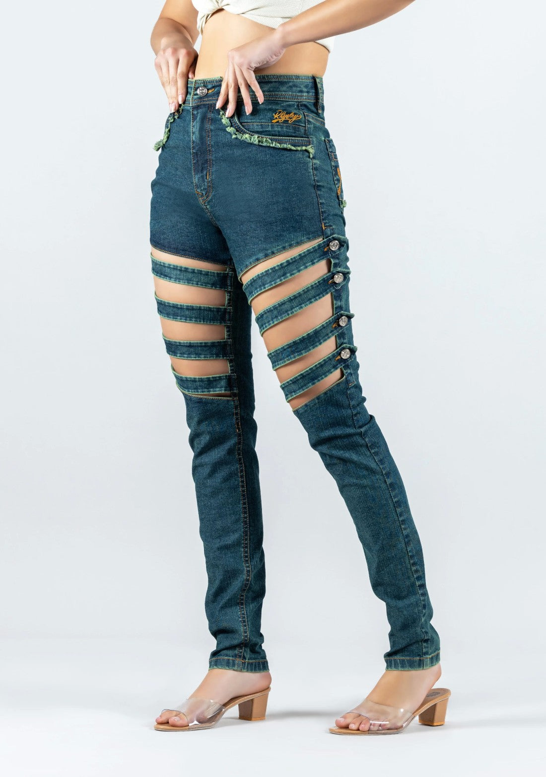 Greenish Blue Skinny Fit Cross Panel Thigh Open Women's Jeans bottom wear