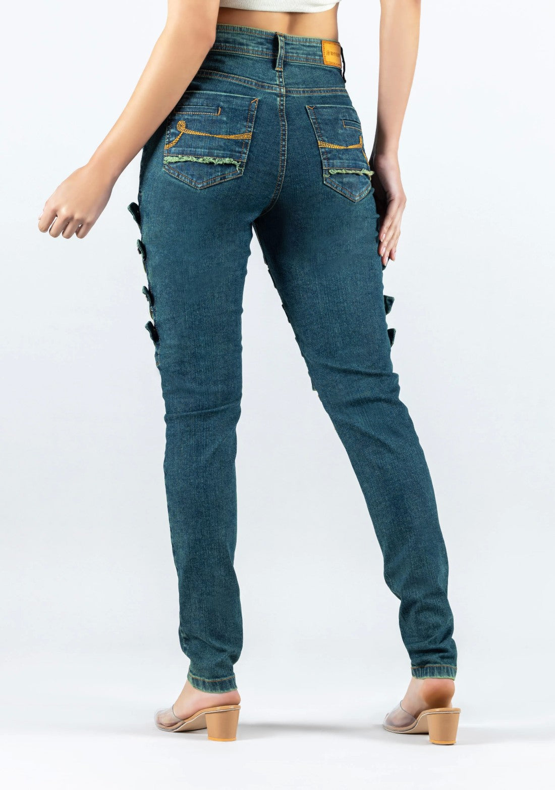 Greenish Blue Skinny Fit Cross Panel Thigh Open Women's Jeans bottom wear