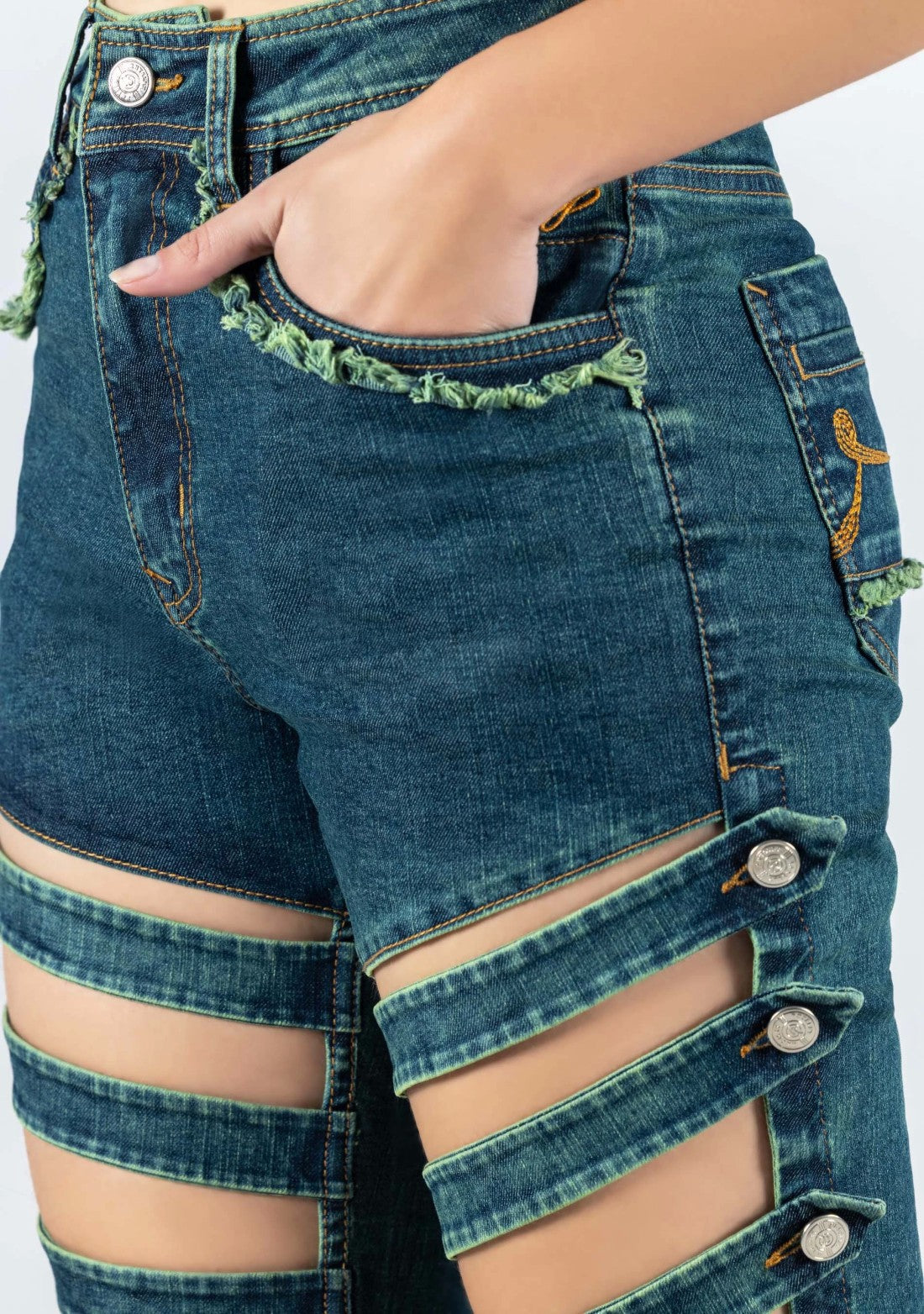 Greenish Blue Skinny Fit Cross Panel Thigh Open Women's Jeans bottom wear