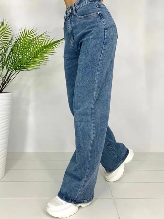 female High Waist Straight Fit Jeans for Women Cotton Lycra Stretchable Wide Leg Denim bottomwear