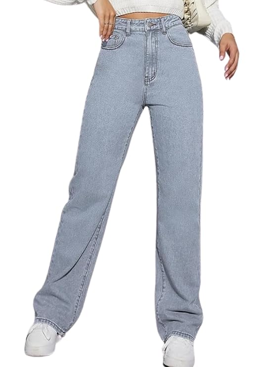 female High Waist Straight Fit Jeans for Women Cotton Lycra Stretchable Wide Leg Denim bottomwear