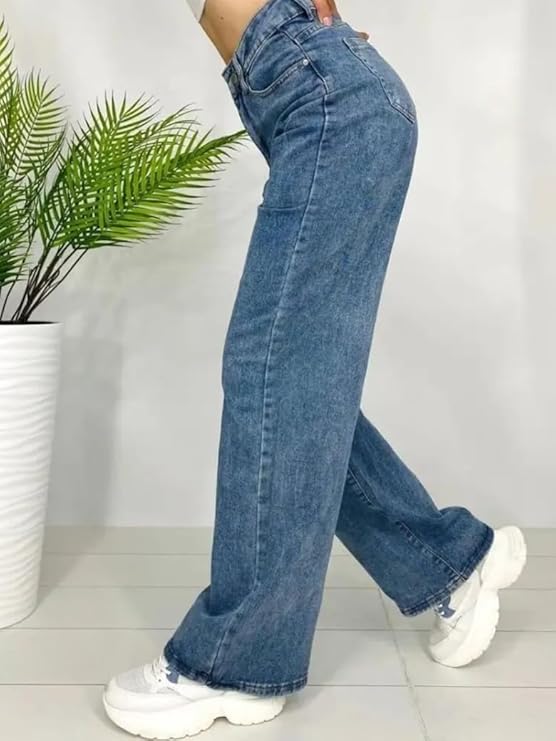 female High Waist Straight Fit Jeans for Women Cotton Lycra Stretchable Wide Leg Denim bottomwear