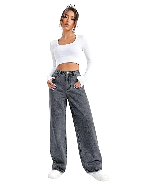 female High Waist Boyfriend Women Jeans Cotton Lycra Stretchable Wide Leg Denim bottomwear