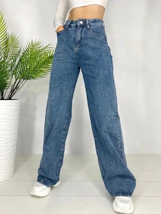 female High Waist Straight Fit Jeans for Women Cotton Lycra Stretchable Wide Leg Denim bottomwear