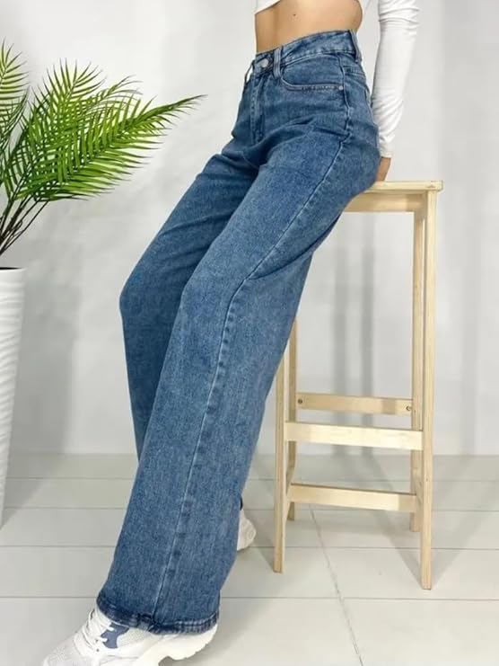 female High Waist Straight Fit Jeans for Women Cotton Lycra Stretchable Wide Leg Denim bottomwear