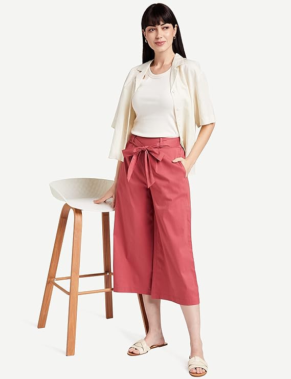 Symbol Women's High Rise Calf Length Culotte Office Pants (with Self Fabric Belt) bottomwear