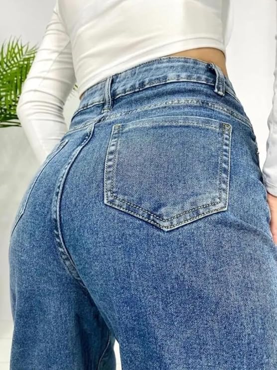 female High Waist Straight Fit Jeans for Women Cotton Lycra Stretchable Wide Leg Denim bottomwear