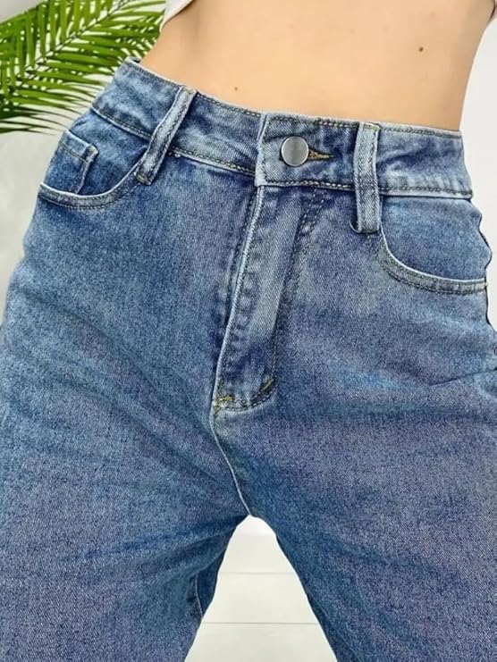 female High Waist Straight Fit Jeans for Women Cotton Lycra Stretchable Wide Leg Denim bottomwear