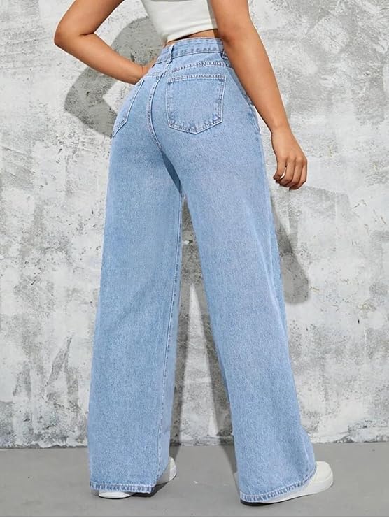 female High Waist Boyfriend Women Jeans Cotton Lycra Stretchable Wide Leg Denim bottomwear