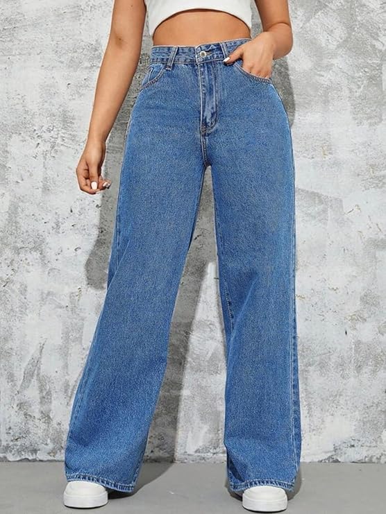 female High Waist Boyfriend Women Jeans Cotton Lycra Stretchable Wide Leg Denim bottomwear