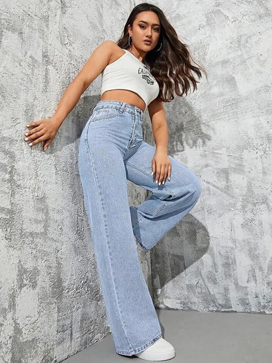 female High Waist Boyfriend Women Jeans Cotton Lycra Stretchable Wide Leg Denim bottomwear