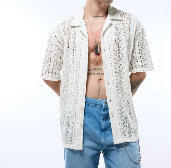 Men's Off White Oversized Crochet Shirt
