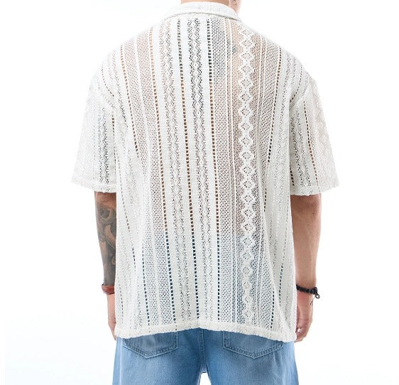 Men's Off White Oversized Crochet Shirt