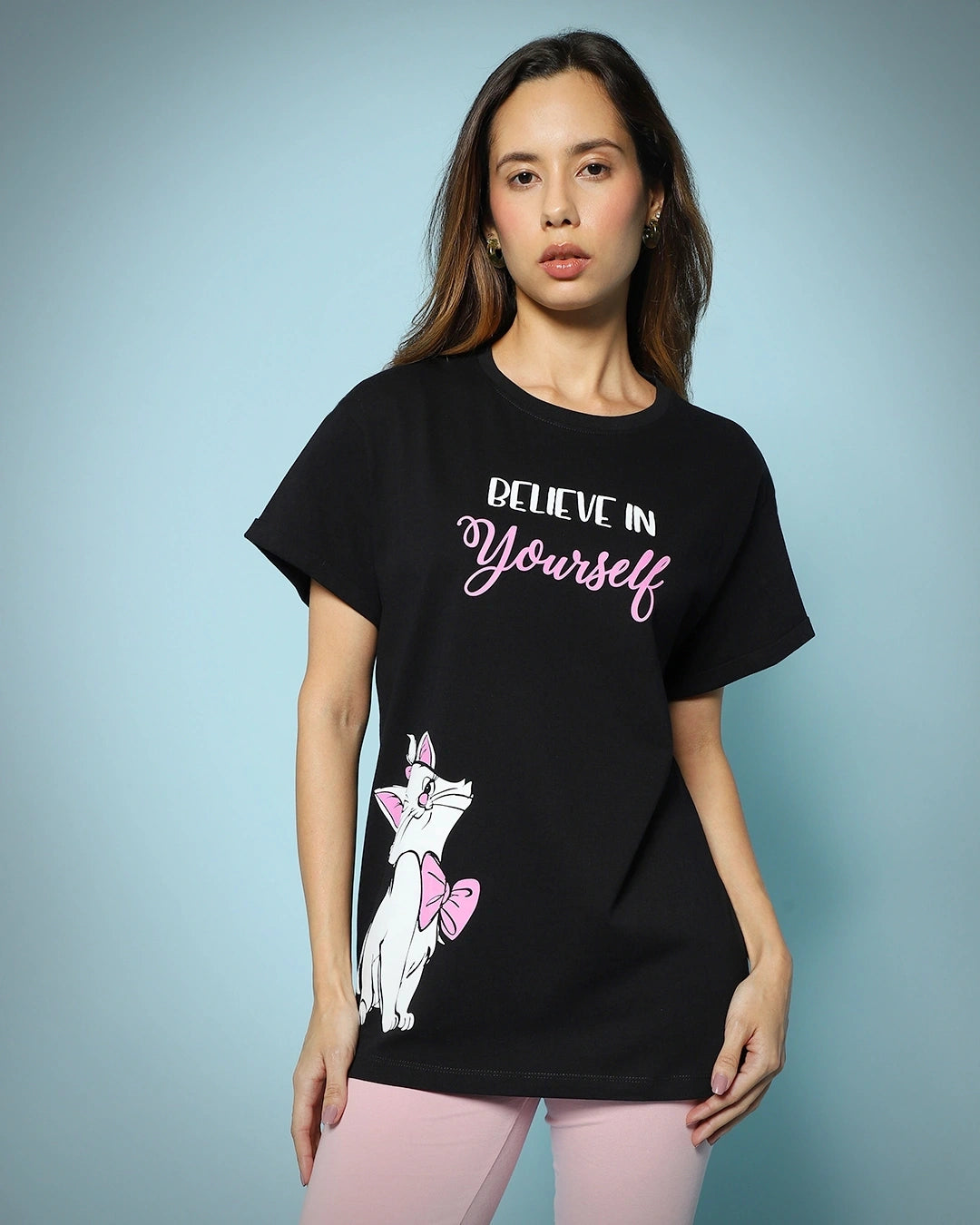 Women's Black Believe Cat Graphic Printed Boyfriend T-shirt