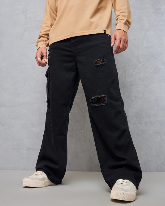 Men's Black Baggy Straight Fit Distressed Cargo Jeans Male Bottamwear