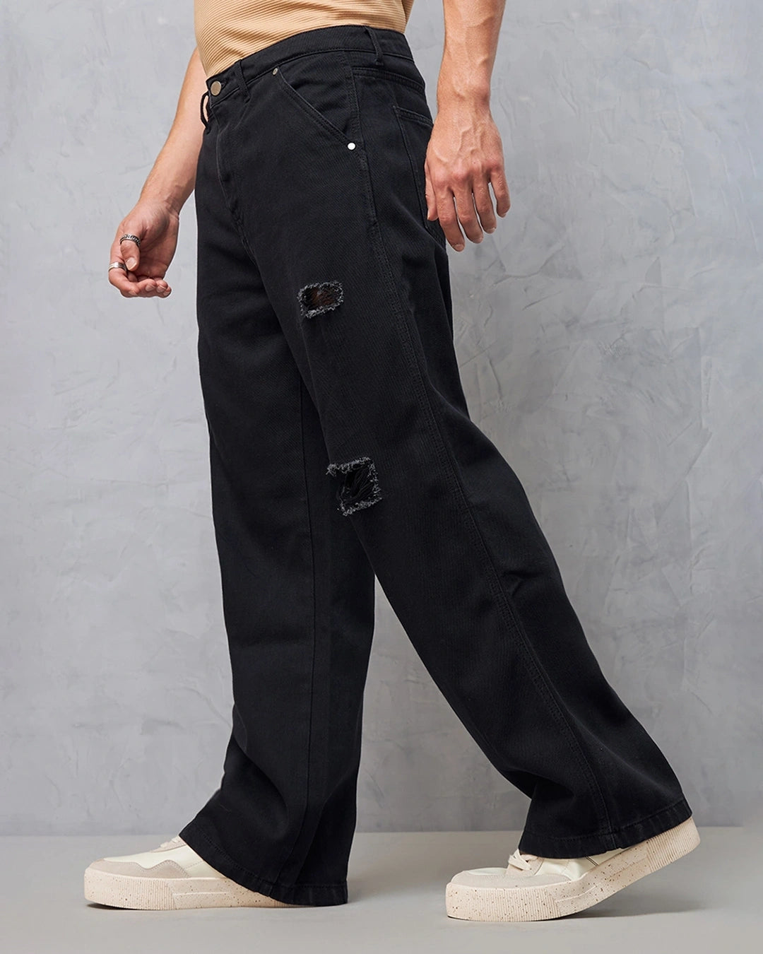 Men's Black Baggy Straight Fit Distressed Cargo Jeans Male Bottamwear