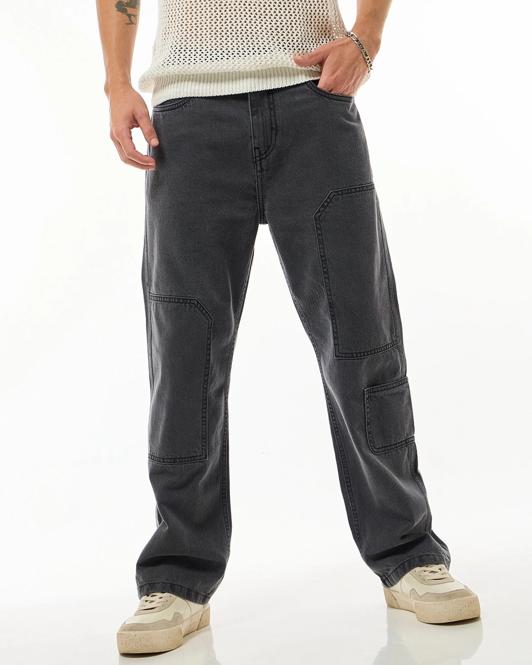 Men's Black Straight Fit Cargo Jeans Male Bottamwear