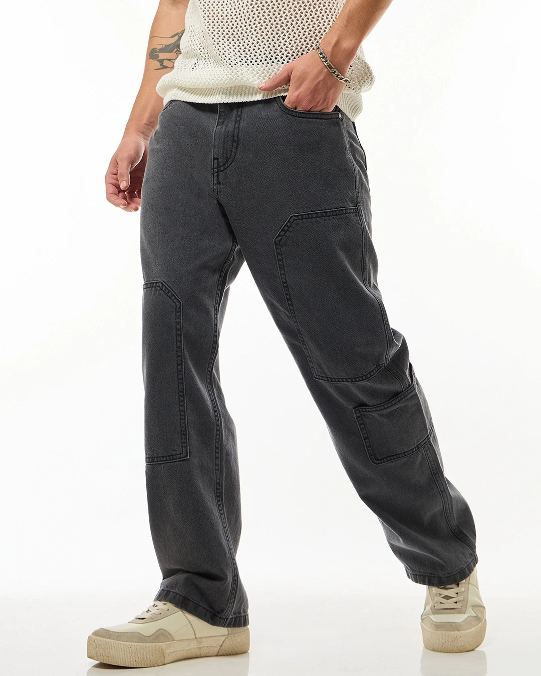 Men's Black Straight Fit Cargo Jeans Male Bottamwear