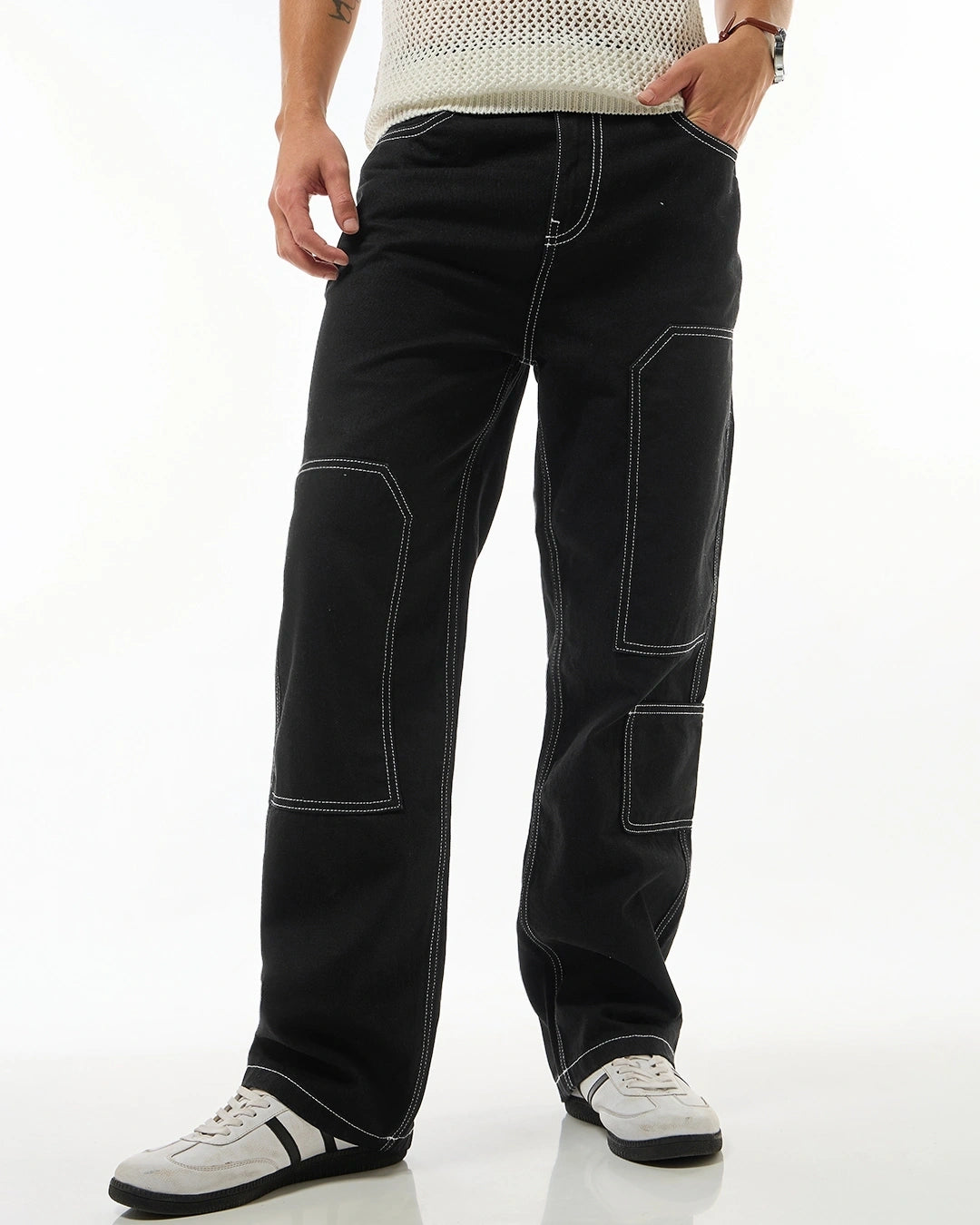 Men's Black Straight Fit Cargo Jeans Male Bottamwear