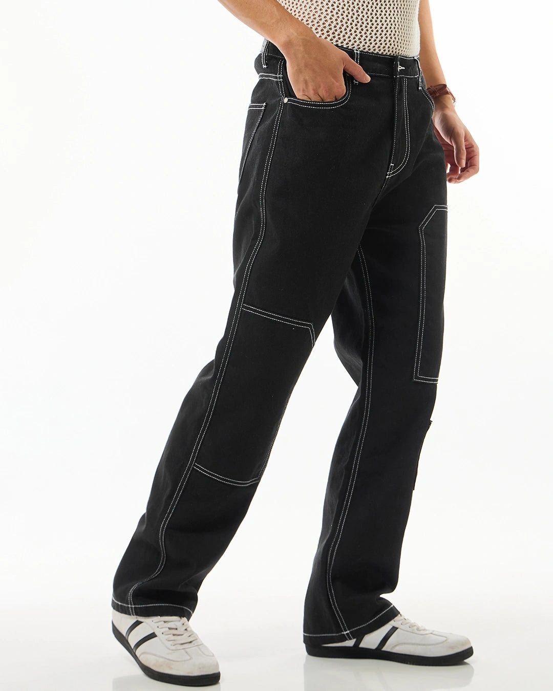 Men's Black Straight Fit Cargo Jeans Male Bottamwear