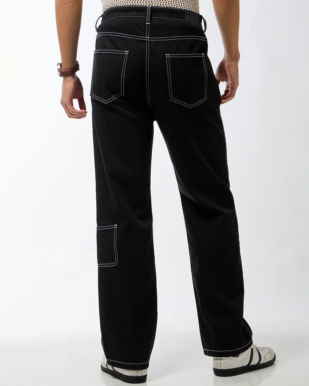 Men's Black Straight Fit Cargo Jeans Male Bottamwear