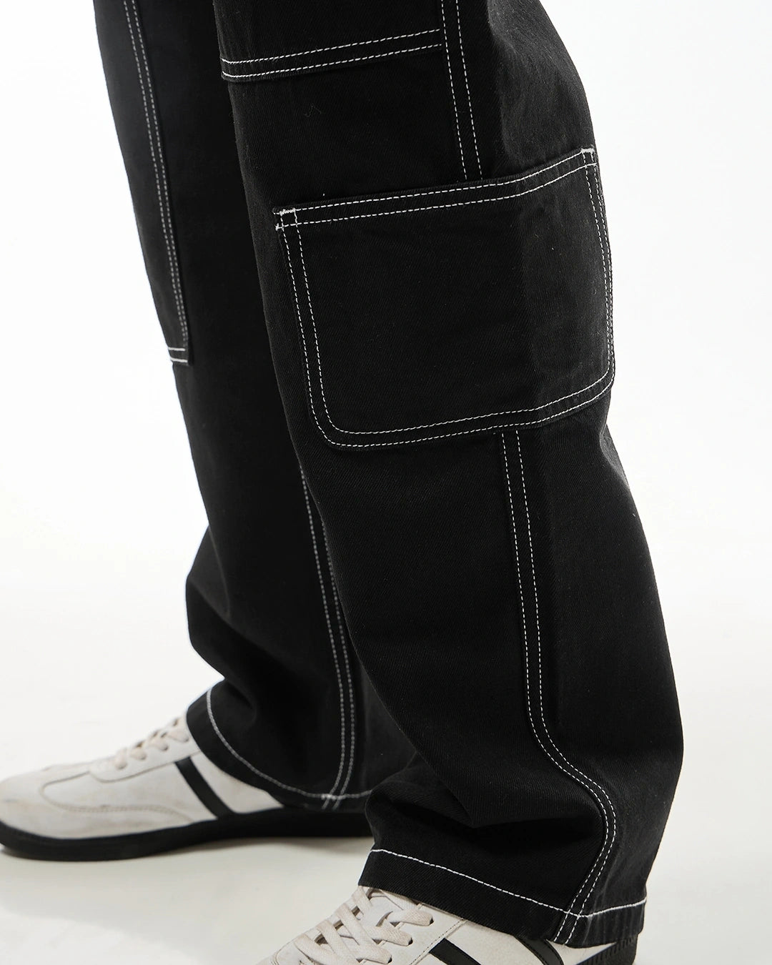 Men's Black Straight Fit Cargo Jeans Male Bottamwear