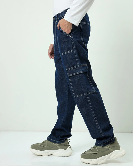 Men's Blue Baggy Cargo Jeans Male Bottamwear