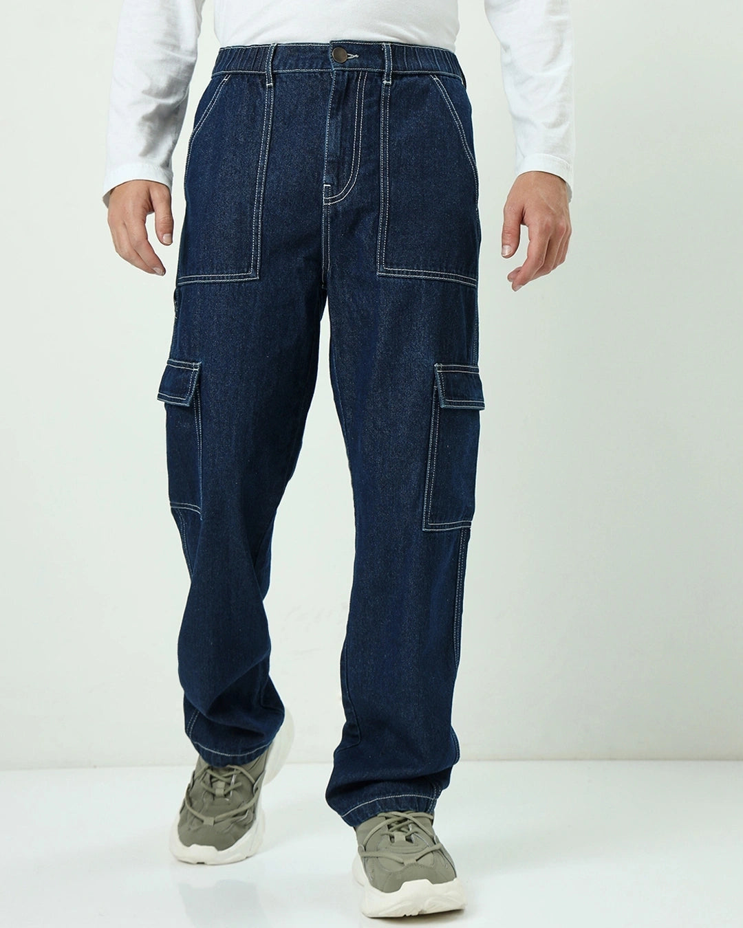 Men's Blue Baggy Cargo Jeans Male Bottamwear