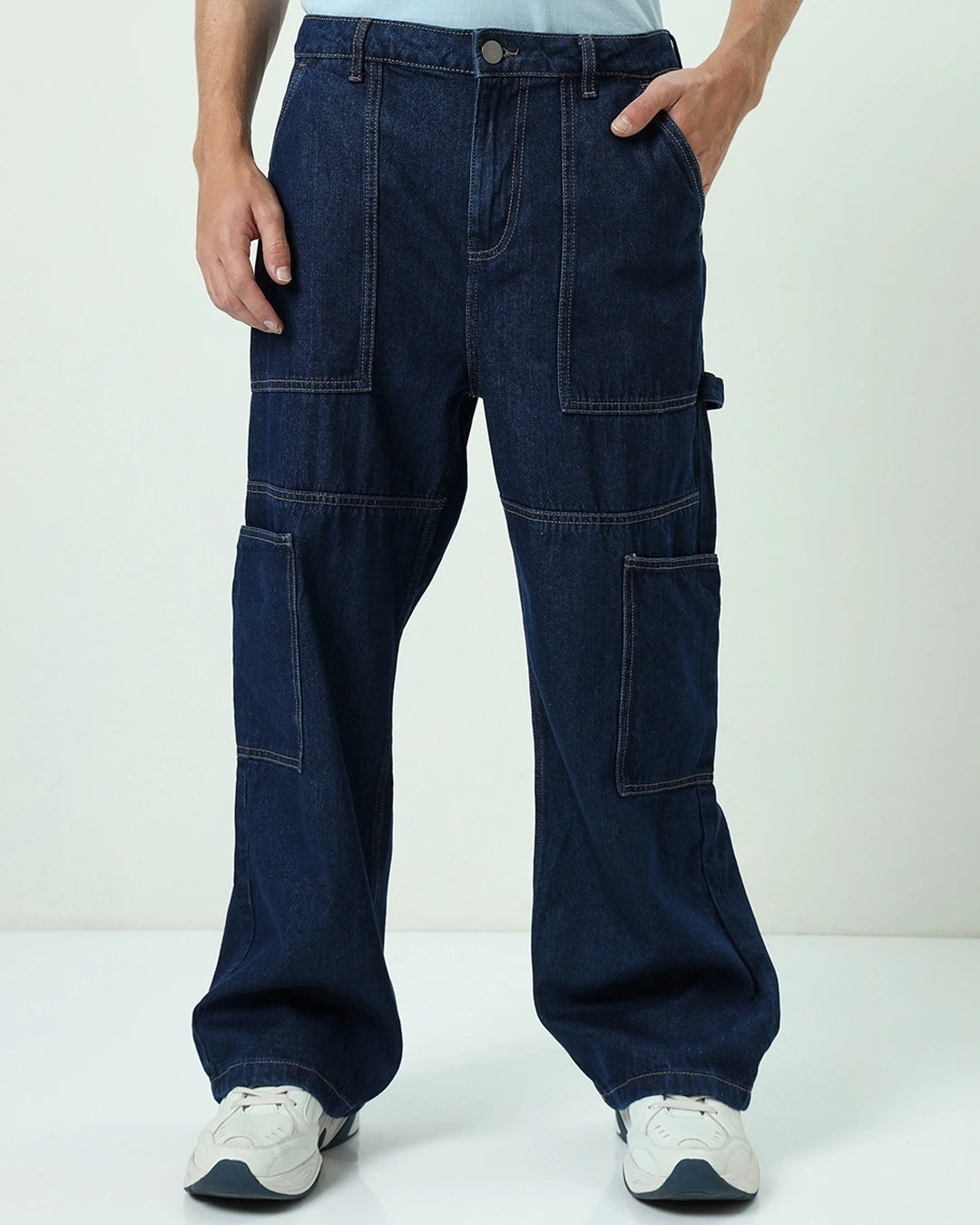 Men's Blue Baggy Straight Fit Carpenter Jeans Male Bottamwear