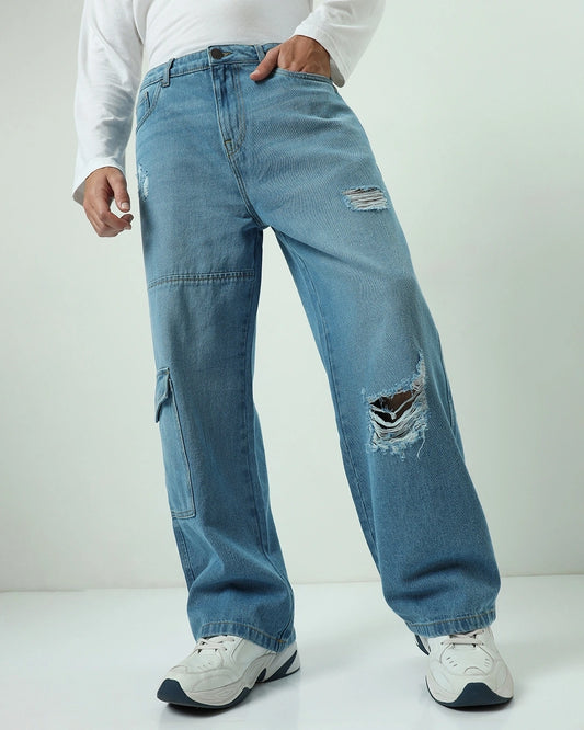 Men's Blue Baggy Straight Fit Distressed Cargo Jeans Male Bottamwear