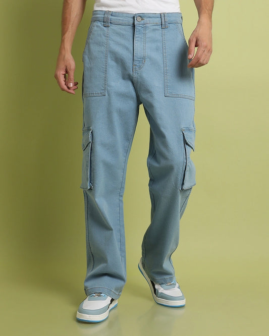 Men's Blue Relaxed Fit Cargo Denim Jeans Male Bottamwear