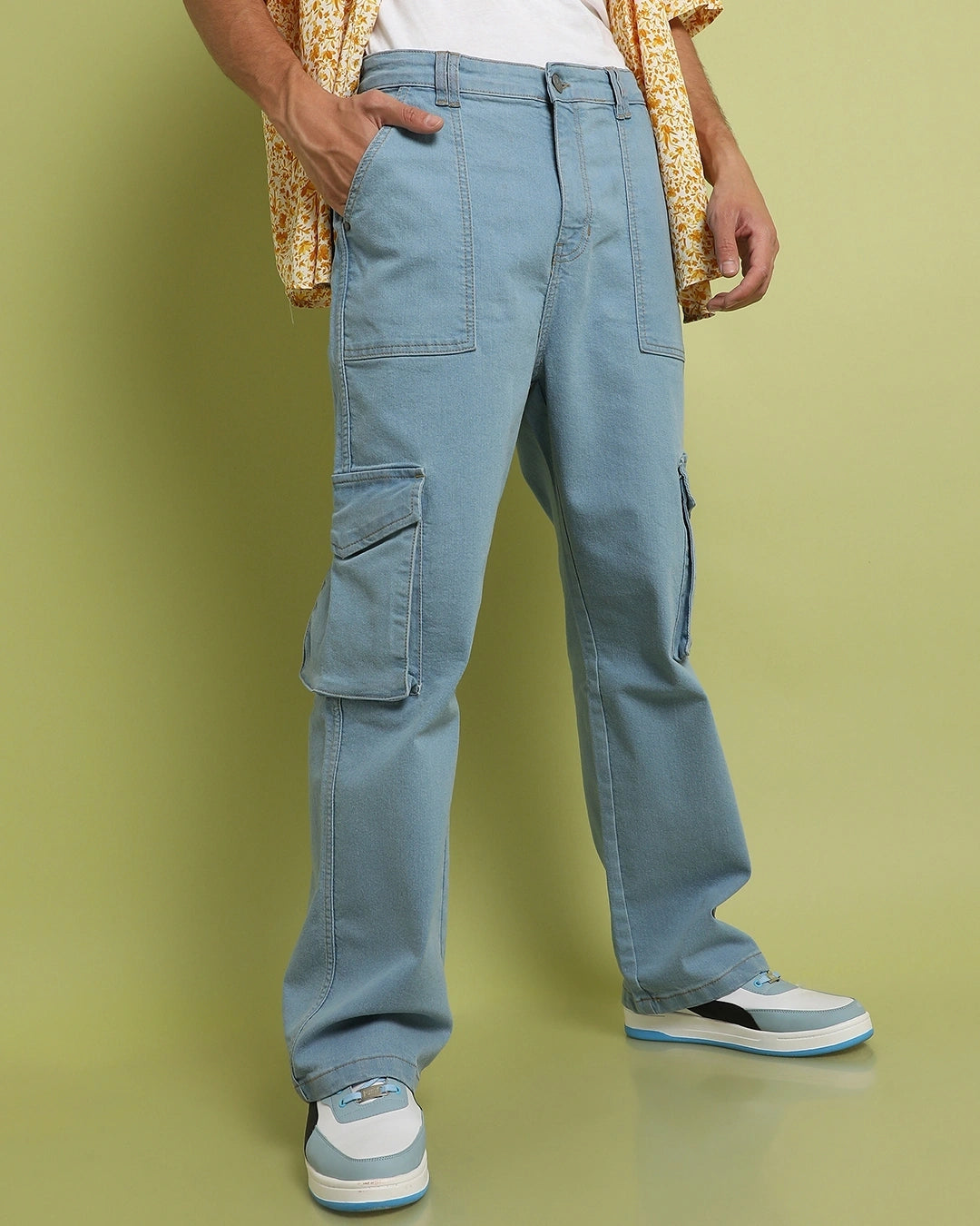 Men's Blue Relaxed Fit Cargo Denim Jeans Male Bottamwear