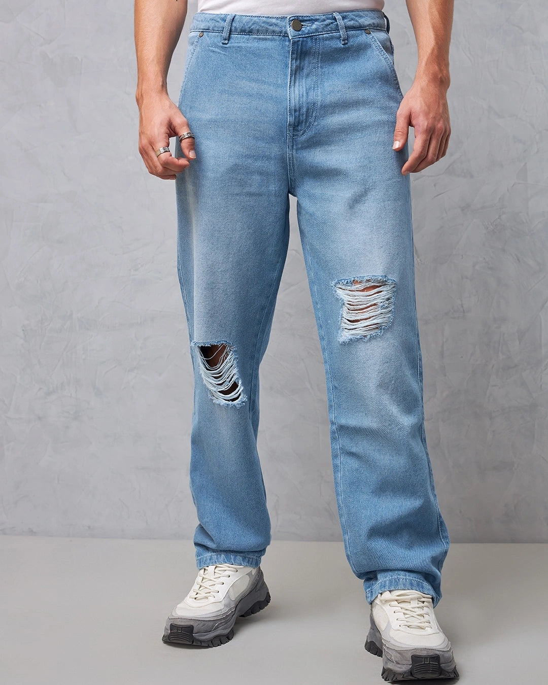 Men's Blue Baggy Distressed Jeans Male Bottamwear