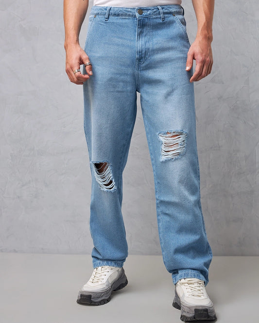 Men's Blue Baggy Distressed Jeans Male Bottamwear