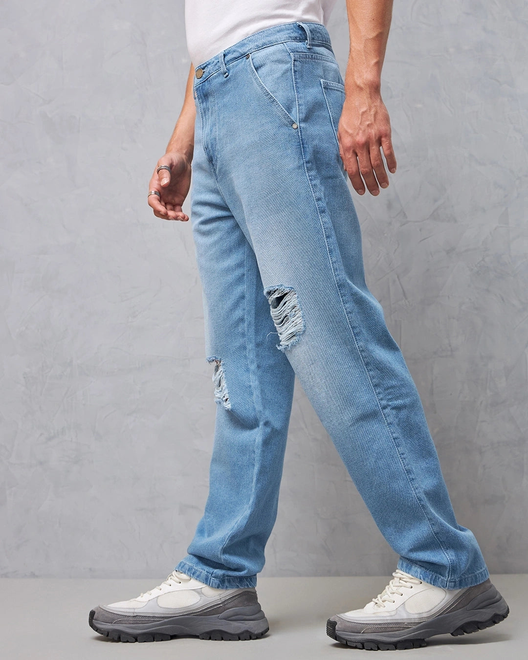 Men's Blue Baggy Distressed Jeans Male Bottamwear