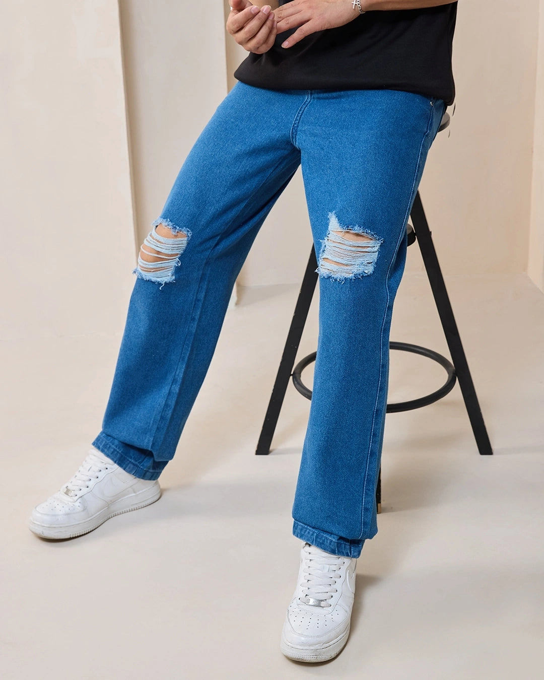 Men's Blue Baggy Distressed Jeans Male Bottamwear