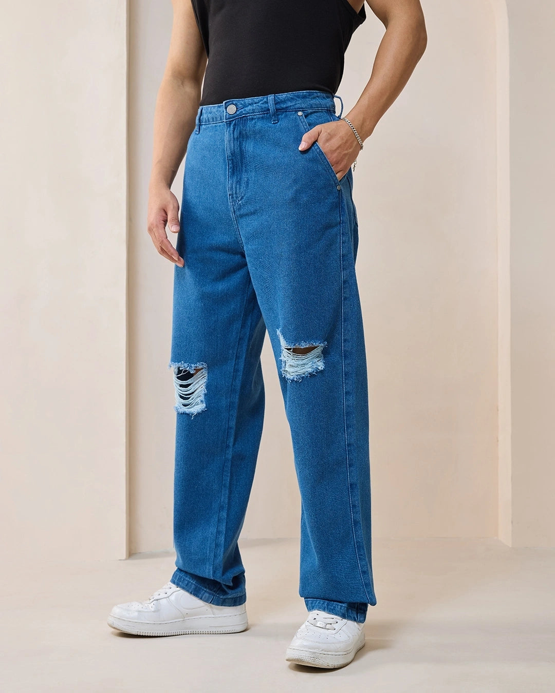 Men's Blue Baggy Distressed Jeans Male Bottamwear