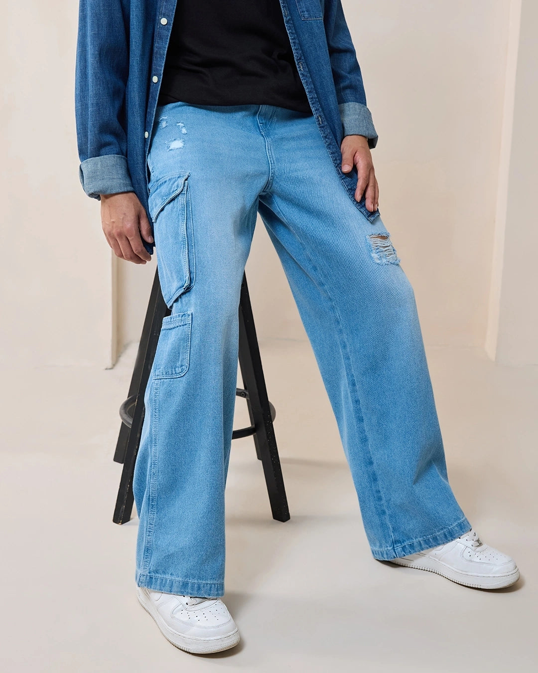 Men's Blue Baggy Distressed Straight Fit Jeans Male Bottamwear